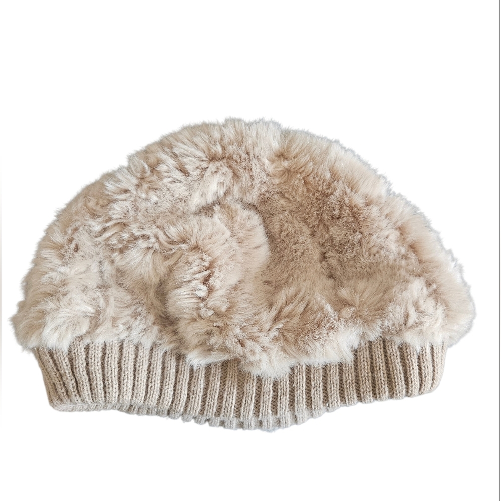 Free People Beige Faux Fur Knit Beanie One Size